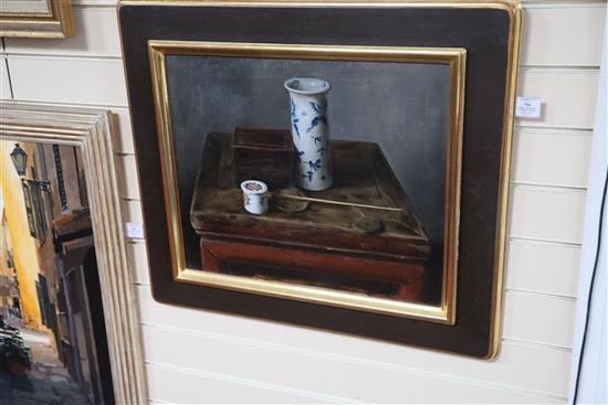 Wang Weidong (Chinese, b.1963) Still life with vase and antique scale 18 x 21.5in.